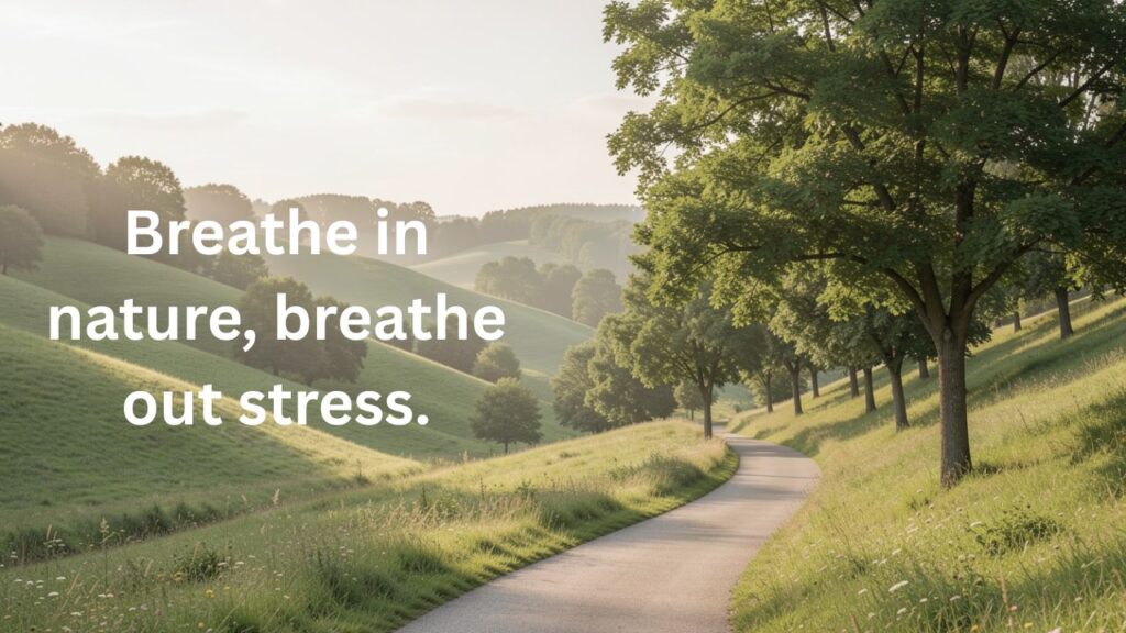 Peaceful nature scene with green hills, trees, and soft sunlight in the background, featuring the title “Nature and Simplicity Captions for Instagram”, representing calm, natural beauty, and a simple lifestyle aesthetic.