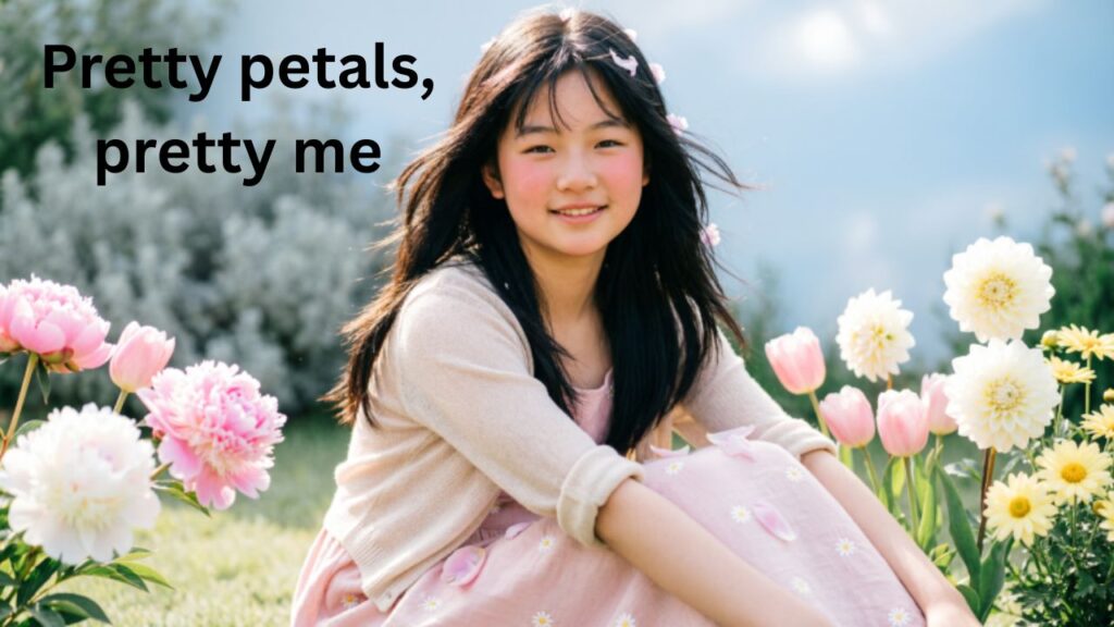 A girl surrounded by soft, pastel-colored flowers like roses, daisies, and tulips, with a dreamy and aesthetic vibe, perfect for Instagram posts with cute and short flower captions