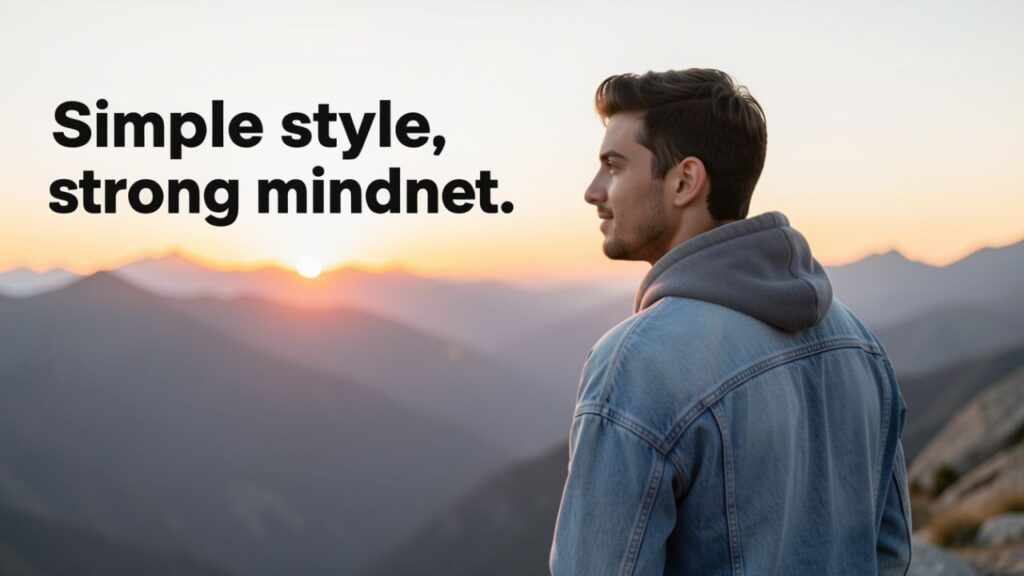 Minimalist masculine themed image with dark neutral background and mountain silhouette featuring the title “Simplicity Captions for Boys” in bold modern typography, representing calm confidence and simple lifestyle.