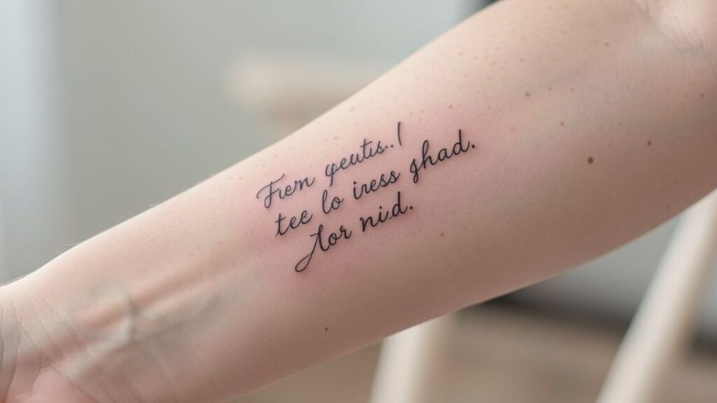 Elegant feminine tattoo on wrist with a meaningful quote for Instagram post, delicate black ink, aesthetic photography, soft natural lighting, modern Instagram style, high resolution, realistic skin texture