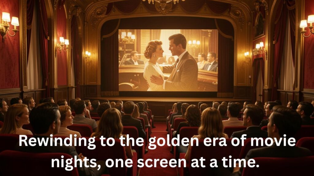 A nostalgic scene of friends sitting in a cozy cinema hall, watching a classic movie on the big screen with popcorn — ideal for Throwback Captions for Watching Movies in the Theatre.