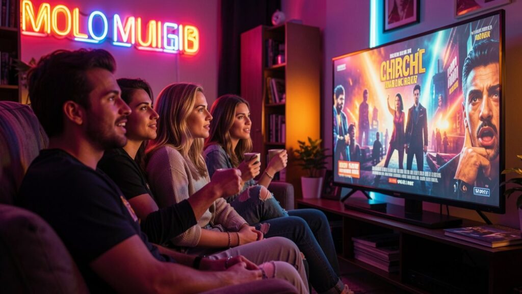 Young friends sitting in a modern cinema, enjoying popcorn and watching a colorful movie scene on the big screen — perfect for Trendy Movie Theater Captions for Instagram.