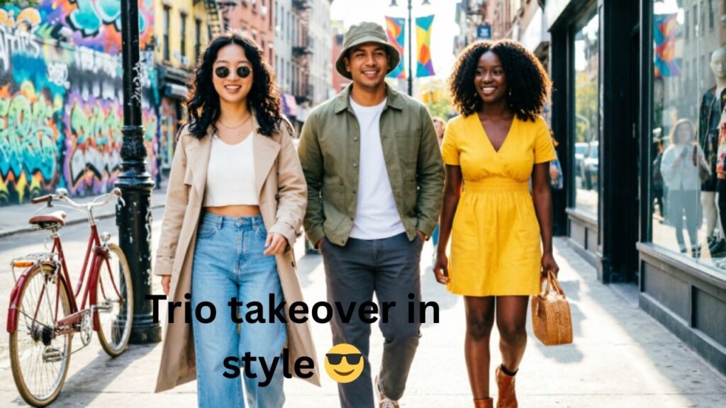 Trendy Instagram captions for a trio of friends, showcasing modern style, fun vibes, and fashionable energy.