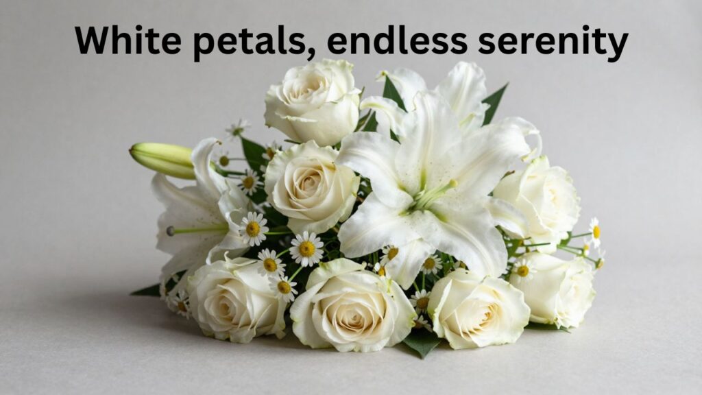 Elegant white flowers, including lilies, roses, and daisies, arranged delicately with soft natural light, perfect for Instagram posts showcasing purity and simplicity.