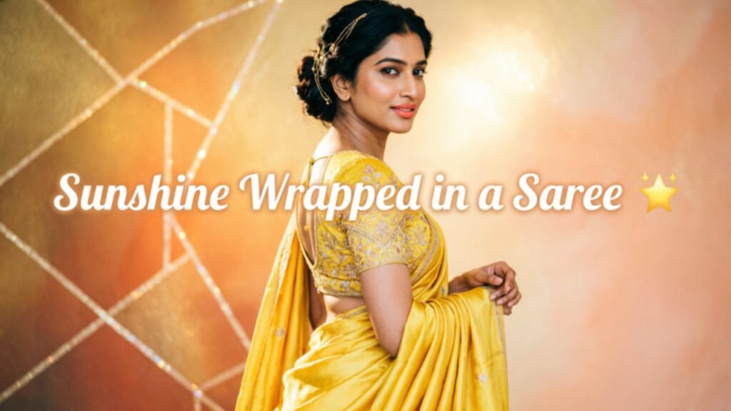 A woman wearing a bright yellow saree, looking elegant and radiant, with a cheerful Instagram-style vibe highlighting the vibrant color.