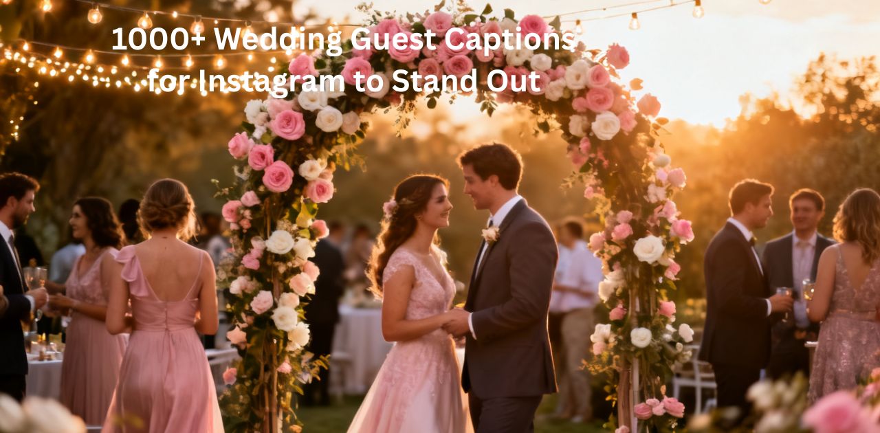 Wedding guest captions for Instagram featuring stylish guests, romantic decor, and joyful celebration moments at a beautiful wedding event