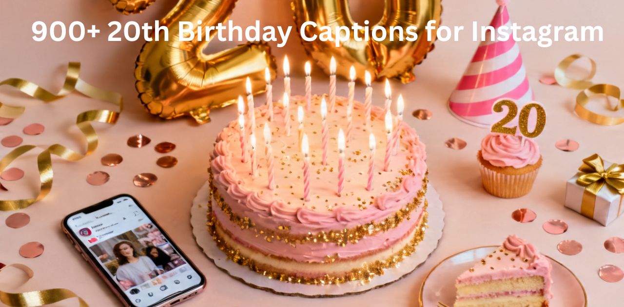 900+ 20th Birthday Captions for Instagram with birthday cake balloons and celebration vibe