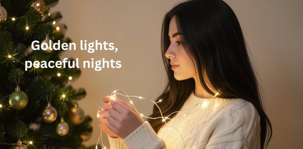 Aesthetic Christmas lights captions for Instagram with dreamy glow, cozy winter vibes, and magical holiday lights