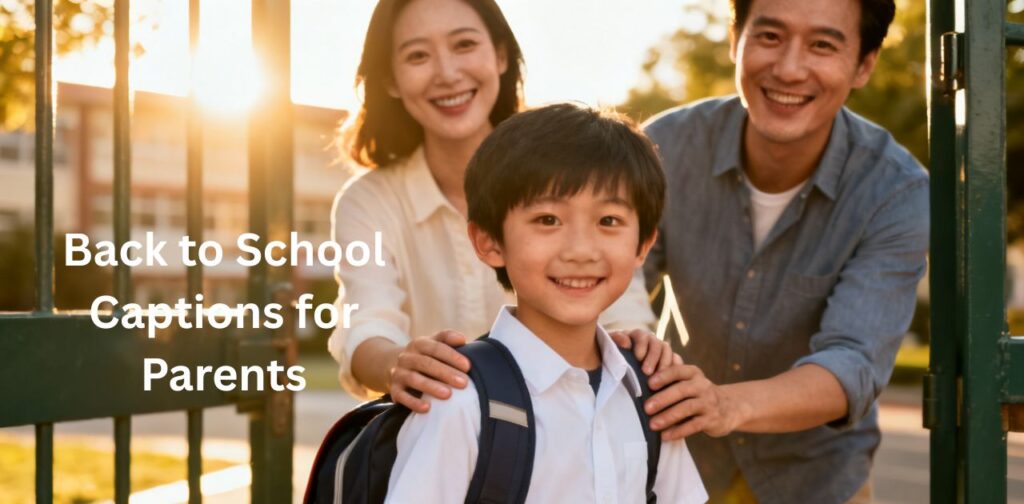 Back to School Captions for Parents showing emotional first day drop-off moments