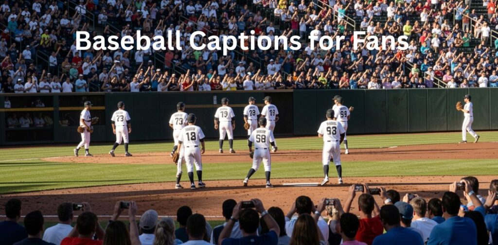 Baseball captions for fans cheering in stadium with team spirit and game-day excitement