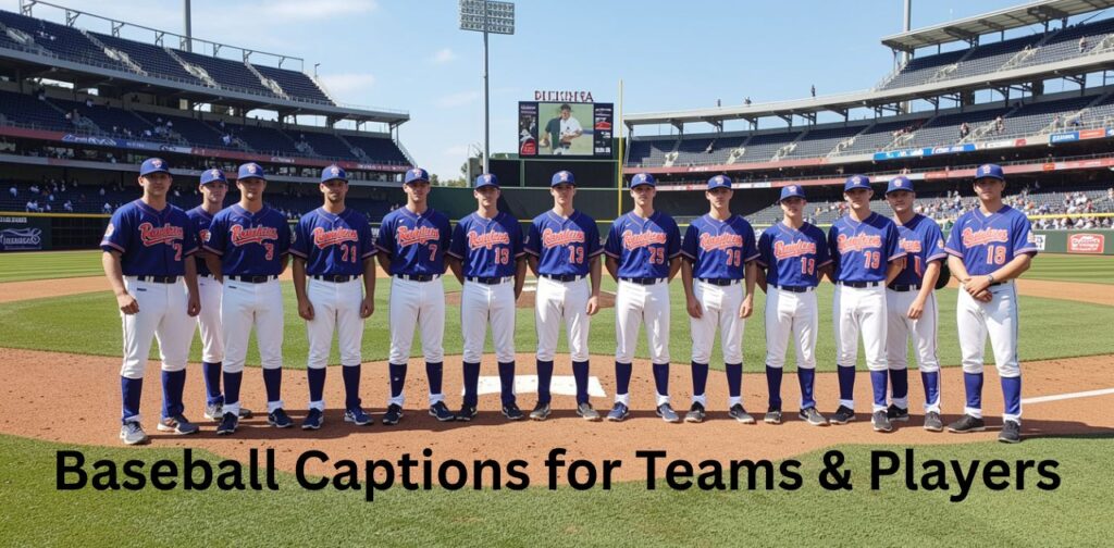 Baseball captions for teams and players showing teamwork, action shots, and game-day performance