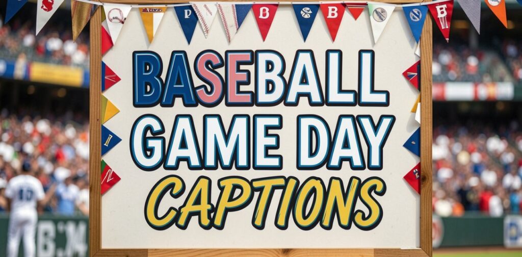 Baseball game day captions with stadium excitement, team spirit, and live match energy