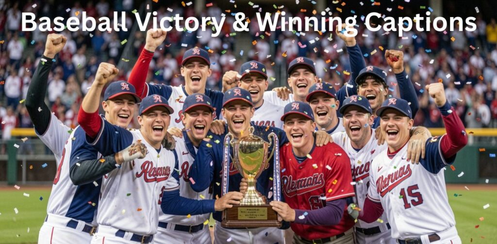 Baseball victory captions with winning moments, team celebration, and championship vibes