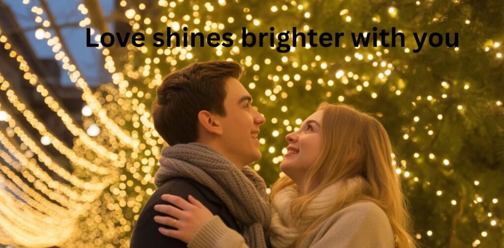 Christmas lights captions with boyfriend showing romantic moments, cozy winter vibes, and couple holiday glow