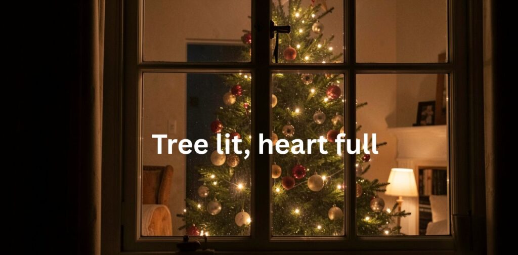 Christmas tree lights captions with festive decorations, glowing ornaments, and magical holiday vibes