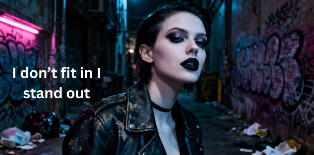 Edgy Baddie Instagram Captions – confident girl with dark edgy fashion, bold makeup, and fierce attitude