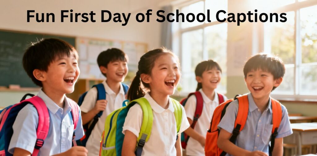 Fun First Day of School Captions showing happy students enjoying back to school moments