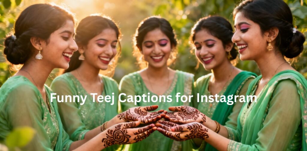Funny Teej captions for Instagram with cute girls laughing and festive vibes