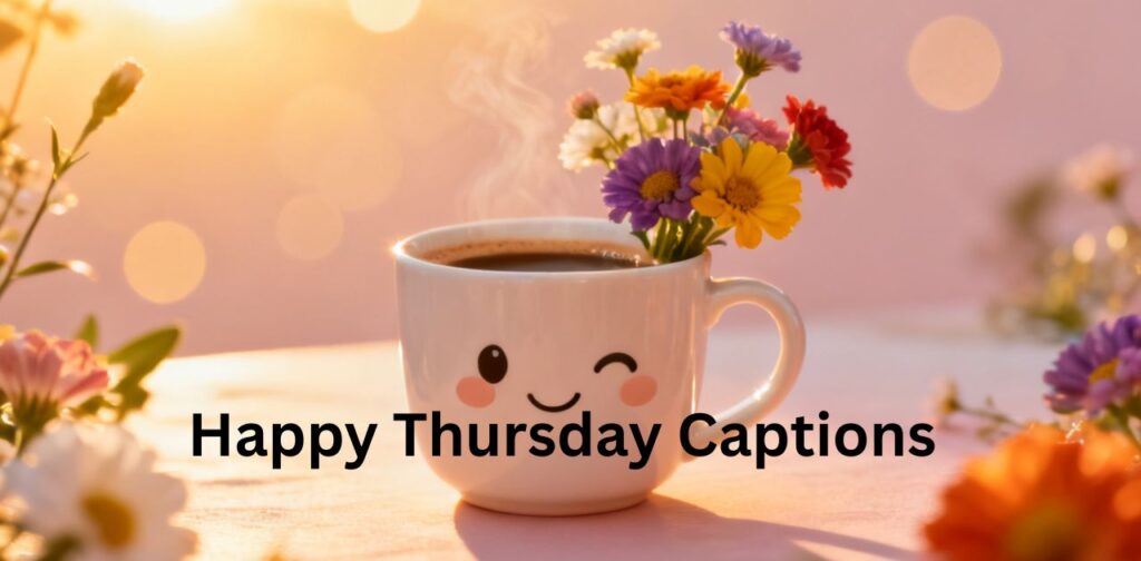 Happy Thursday Captions’ featuring Thursday Captions for Instagram focus keyword, designed for joyful and engaging Instagram posts.