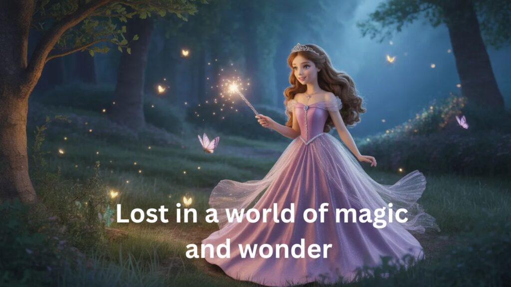 Princess in a gold gown and tiara, standing in a luxurious ballroom with chandeliers and marble floors.