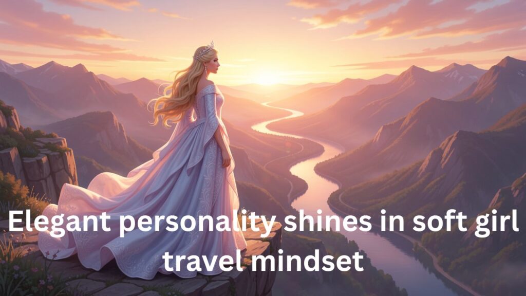 Princess in a flowing gown and tiara exploring a scenic travel destination, overlooking mountains and rivers, royal adventure, wanderlust, fairy-tale elegance.