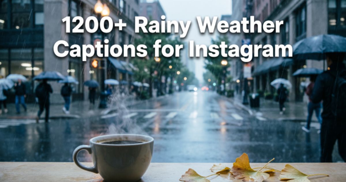 Rainy weather captions for Instagram showcasing cozy vibes, raindrops, and aesthetic rainy moments