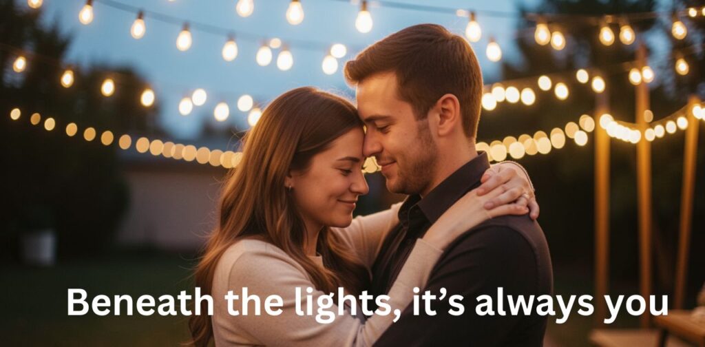 Romance and love under twinkling Christmas lights showing a couple enjoying a cozy, magical holiday night