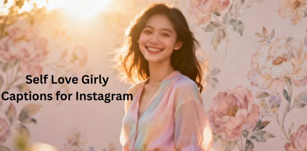 Self love girly captions for Instagram showing confident girl smiling, positive vibes, self confidence, aesthetic lifestyle, empowerment