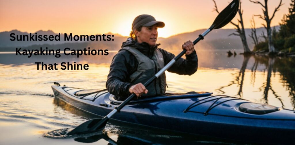 Sunkissed kayaking captions with golden sunlight reflecting on calm water