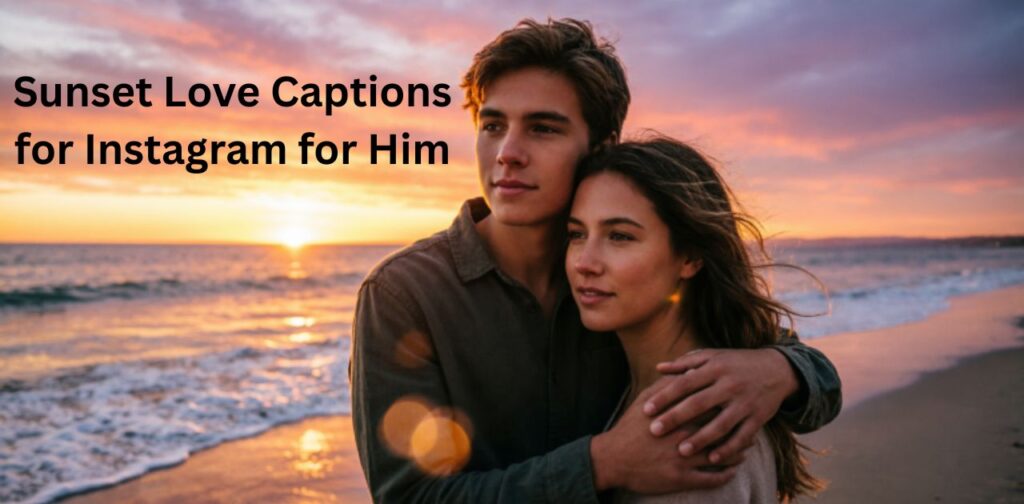 A romantic couple standing together while watching a glowing sunset by the beach, holding each other gently and sharing a peaceful, loving moment, symbolizing deep connection and Sunset Love Captions for Instagram for Him.