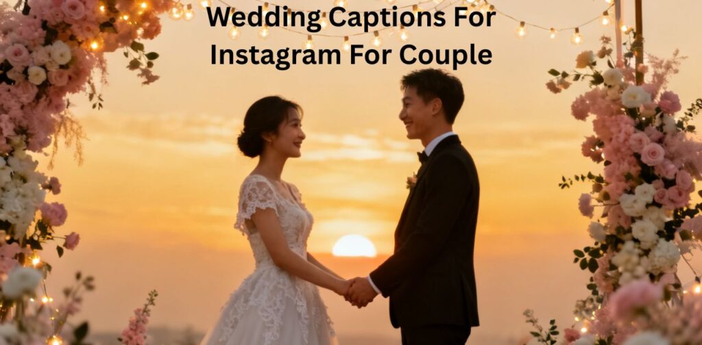 Wedding Captions for Instagram for Couple featuring romantic couple moments, bride and groom celebrating love, elegant wedding decor, and joyful emotional wedding vibes using Wedding Guest Captions for Instagram