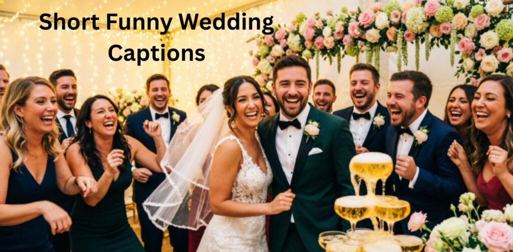 Short Funny Wedding Captions for Instagram featuring guests laughing, dancing, and enjoying hilarious wedding moments with joyful, playful, and entertaining celebration vibes