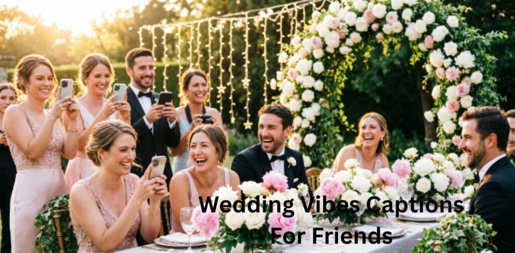 Wedding vibes captions for friends capturing joyful group moments, stylish outfits, laughter, and unforgettable wedding celebrations
