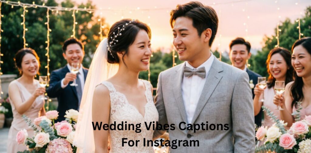 Wedding vibes captions for Instagram showing romantic wedding moments, happy guests, elegant decor, and joyful celebration atmosphere