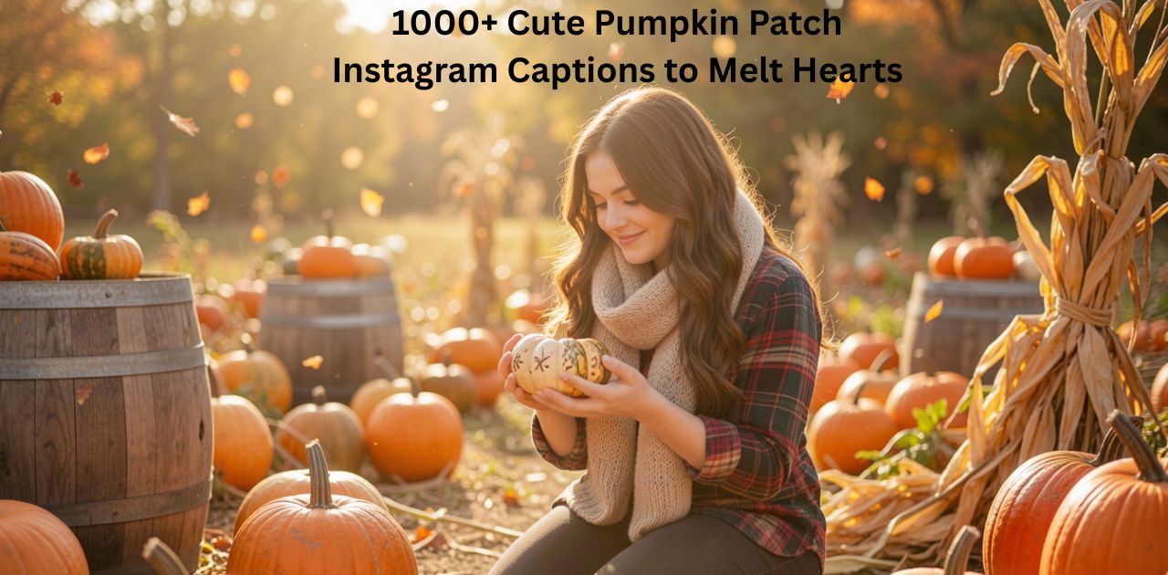 Cute pumpkin patch Instagram scene featuring cozy autumn vibes, smiling moments, colorful pumpkins, fall outfits, and heartwarming seasonal memories for "1000+ Cute Pumpkin Patch Instagram Captions to Melt Hearts