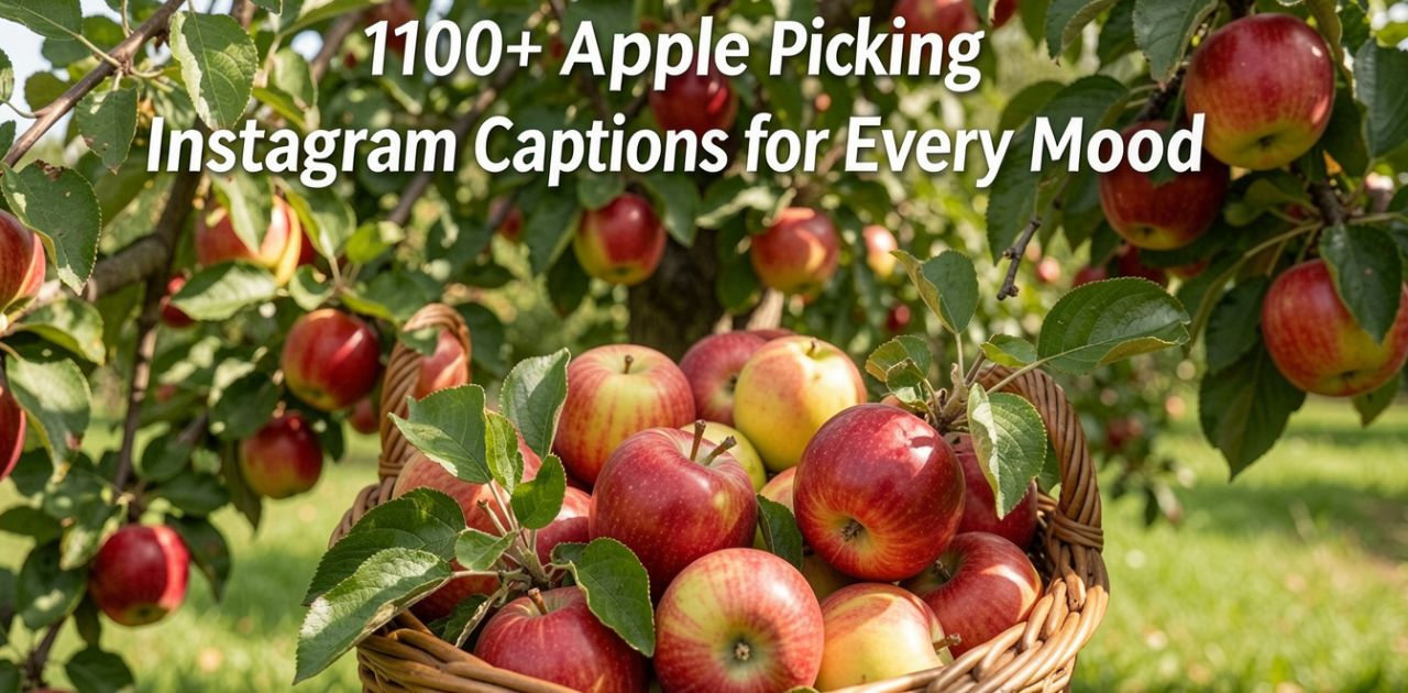 A collection of over 1100 Apple Picking Instagram Captions for Every Mood, featuring creative, fun, romantic, seasonal, and aesthetic caption ideas inspired by autumn orchard apple picking experiences.