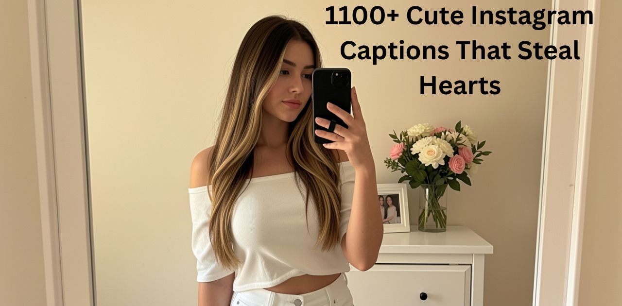 1100+ Cute Instagram Captions That Steal Hearts,” designed for social media or blog use, highlighting romantic, adorable, and engaging caption ideas for Instagram posts