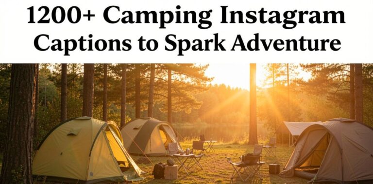 Camping scene showing tents in forest with 1200+ Camping Instagram Captions to Spark Adventure style adventure vibe and mountain background