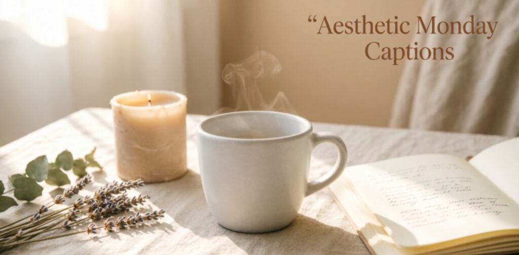 Minimal aesthetic Monday morning scene with soft natural light, cozy coffee cup, neutral-toned decor, and calm workspace setup, featuring the focus keyword Monday Instagram Captions in elegant modern typography as part of the text Aesthetic Monday Captions creating a peaceful and stylish vibe.