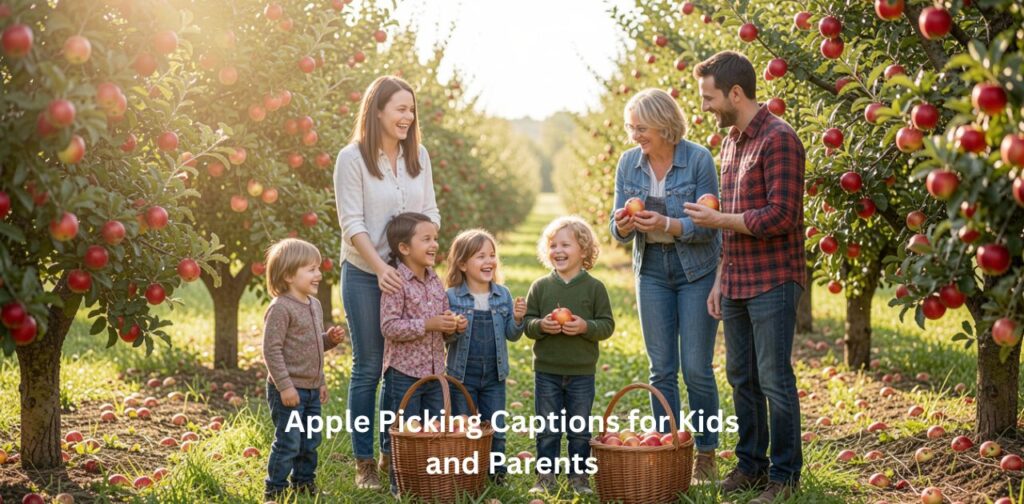 Apple Picking Captions for Kids and Parents featuring family-friendly, playful, and heartwarming caption ideas inspired by joyful apple orchard visits, bonding moments between children and parents, and fun autumn harvest activities