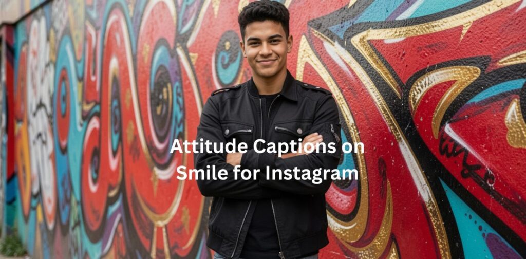 Confident smiling portrait with bold aesthetic title “Attitude Captions on Smile for Instagram,” stylish and modern social media design.