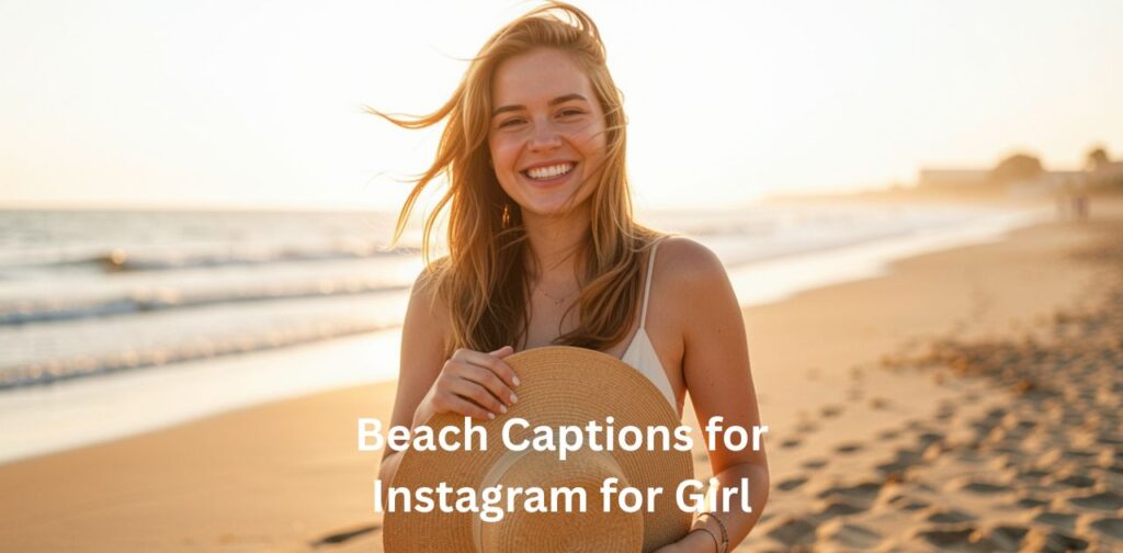 A bright and aesthetic beach scene with a confident girl enjoying ocean waves and golden sunlight, featuring stylish text overlay of Beach Captions for Instagram for Girl, designed to reflect feminine, fun, and travel-inspired seaside vibes perfect for Instagram posts.