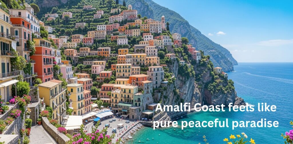 Best Amalfi Coast Instagram Captions – stunning Amalfi Coast scenery with colorful villages, blue sea views, and perfect travel photo caption ideas