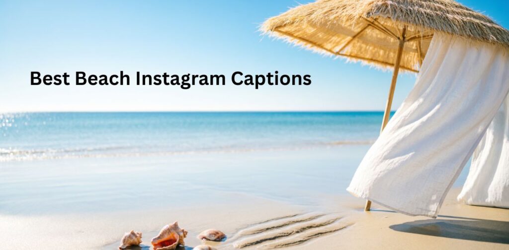 Aesthetic tropical beach scene featuring ocean waves, golden sand, and sunset sky with stylish text overlay showcasing Best Beach Instagram Captions, designed for social media inspiration and relaxing summer vibes with a fresh, trendy look.