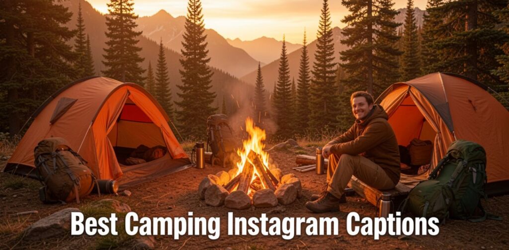 Happy camper enjoying nature outdoors with a beautiful campsite scene for Best Camping Instagram Captions.