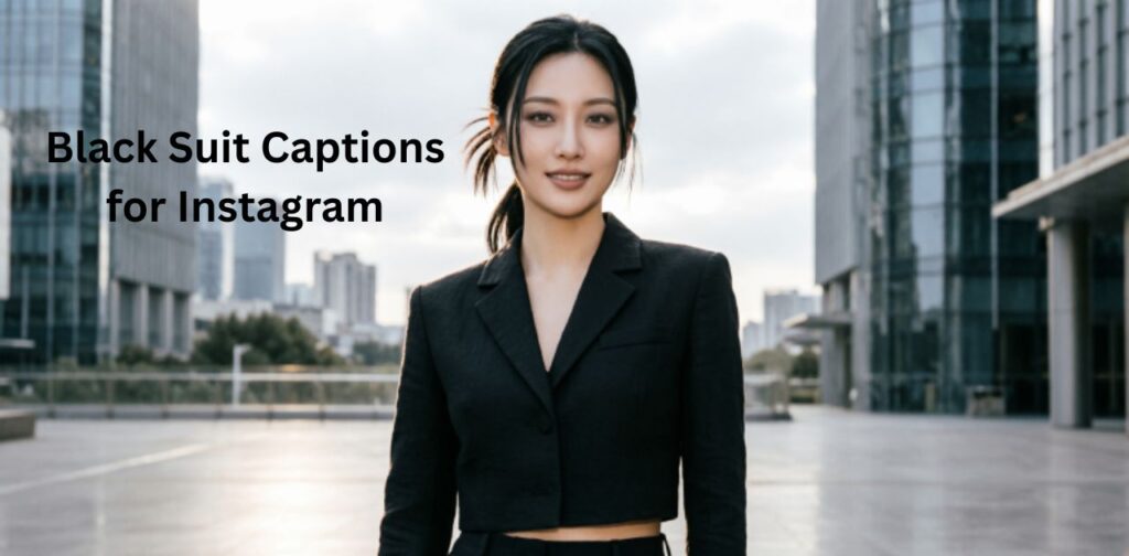 Stylish girl wearing a sharp black suit with a confident pose, perfect for Black Suit Captions for Instagram with bold, classy, and powerful fashion vibes.