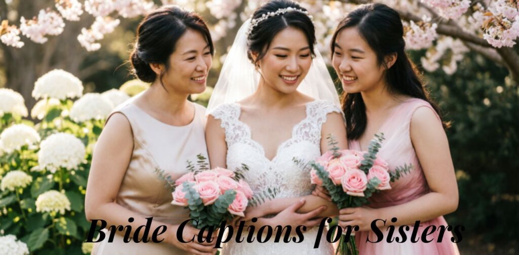 Collection of bride captions for sisters featuring emotional, funny, and loving Instagram caption ideas celebrating sisterhood on a wedding day.