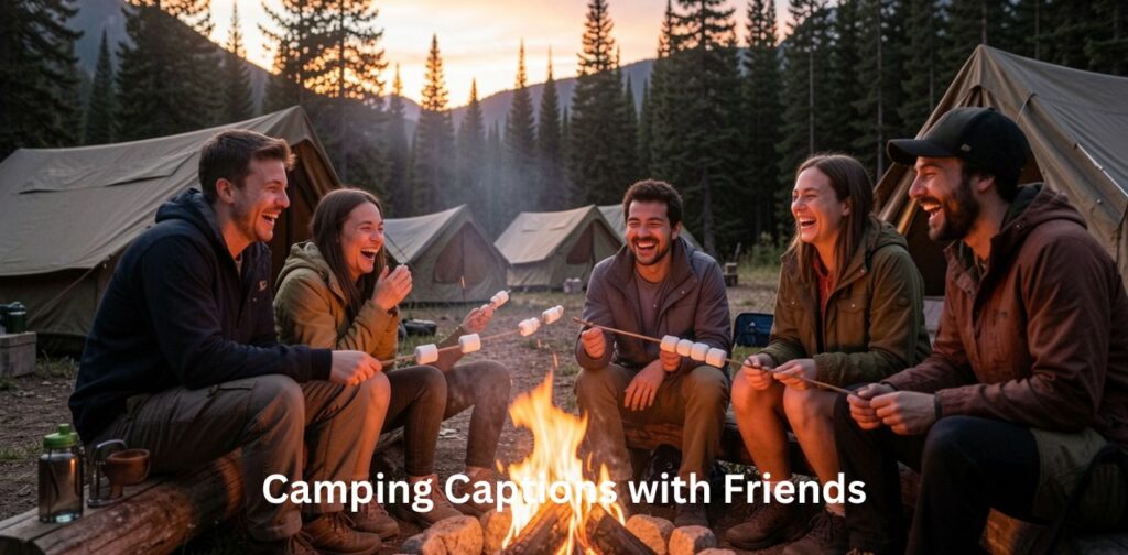 Friends enjoying a fun camping trip together around a campfire with tents and nature views for Camping Captions with Friends.