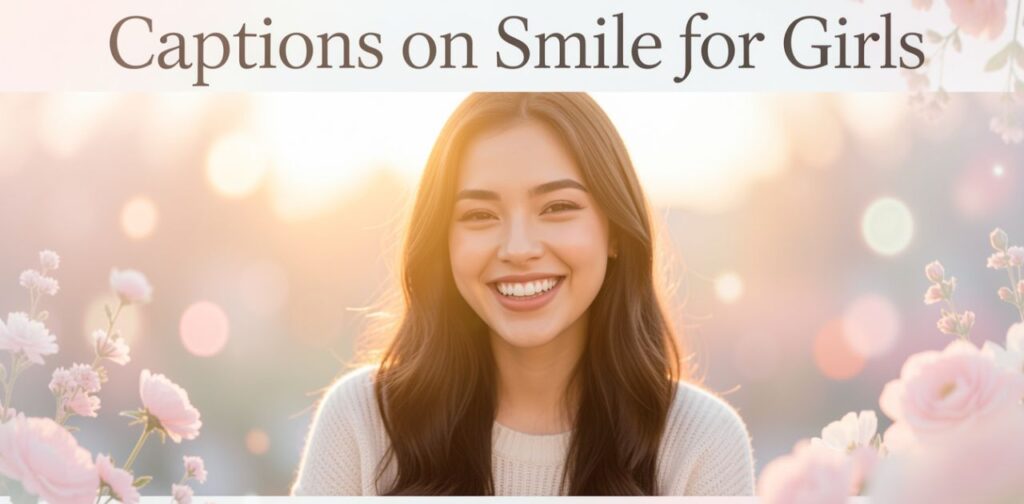 Smiling girl portrait with soft aesthetic blog title “Captions on Smile for Girls,” bright and cheerful social media design.