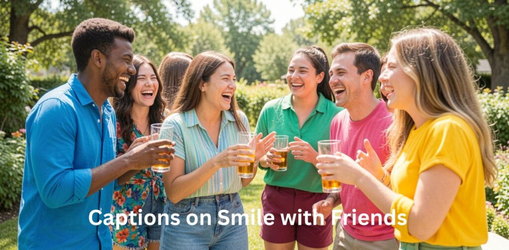 Happy friends smiling together with fun aesthetic title “Captions on Smile with Friends,” cheerful social media design.